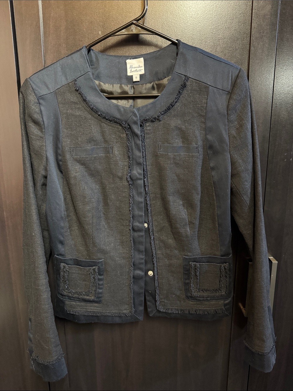Alexandra Bartlett Navy Fringe-Trim Collarless Jacket